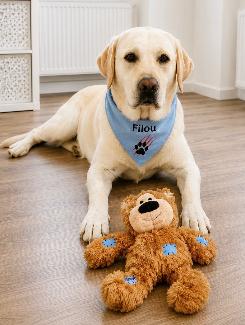 Filou, der Praxishund mit blauem Halstuch, liegt entspannt auf dem Boden