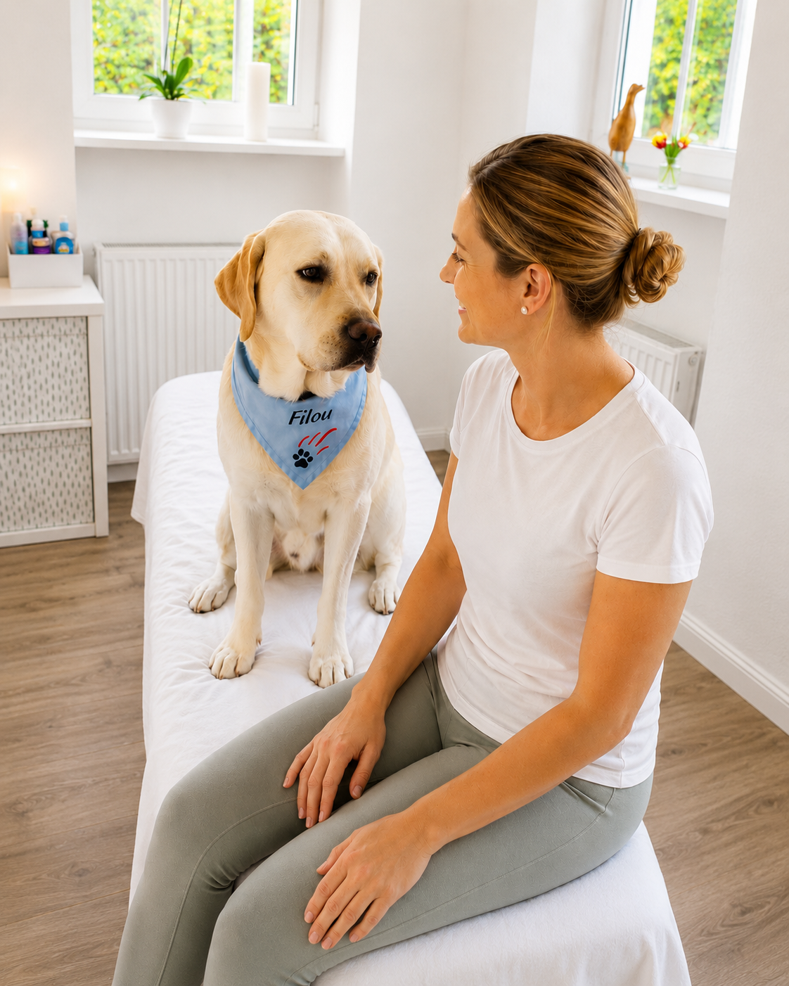 Patientin mit Therapiebegleithund Filou im Behandlungsraum